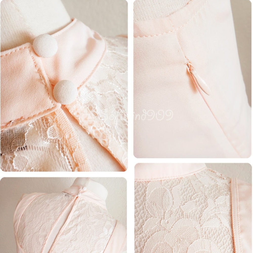 Pale Pink Lace Inset Mock Neck Knife Pleated Dress - Picture 5 of 8